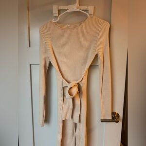 Ribbed Long Sleeve Tie-Front Top in Cream Maxi Dress
